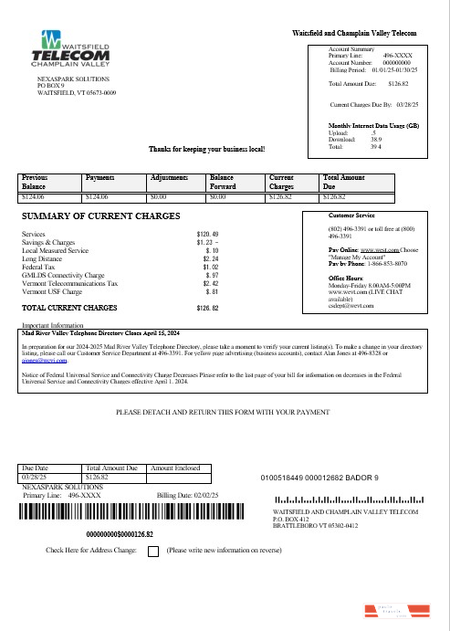 USA Waitsfield Telecom business utility bill template in Word and PDF formats